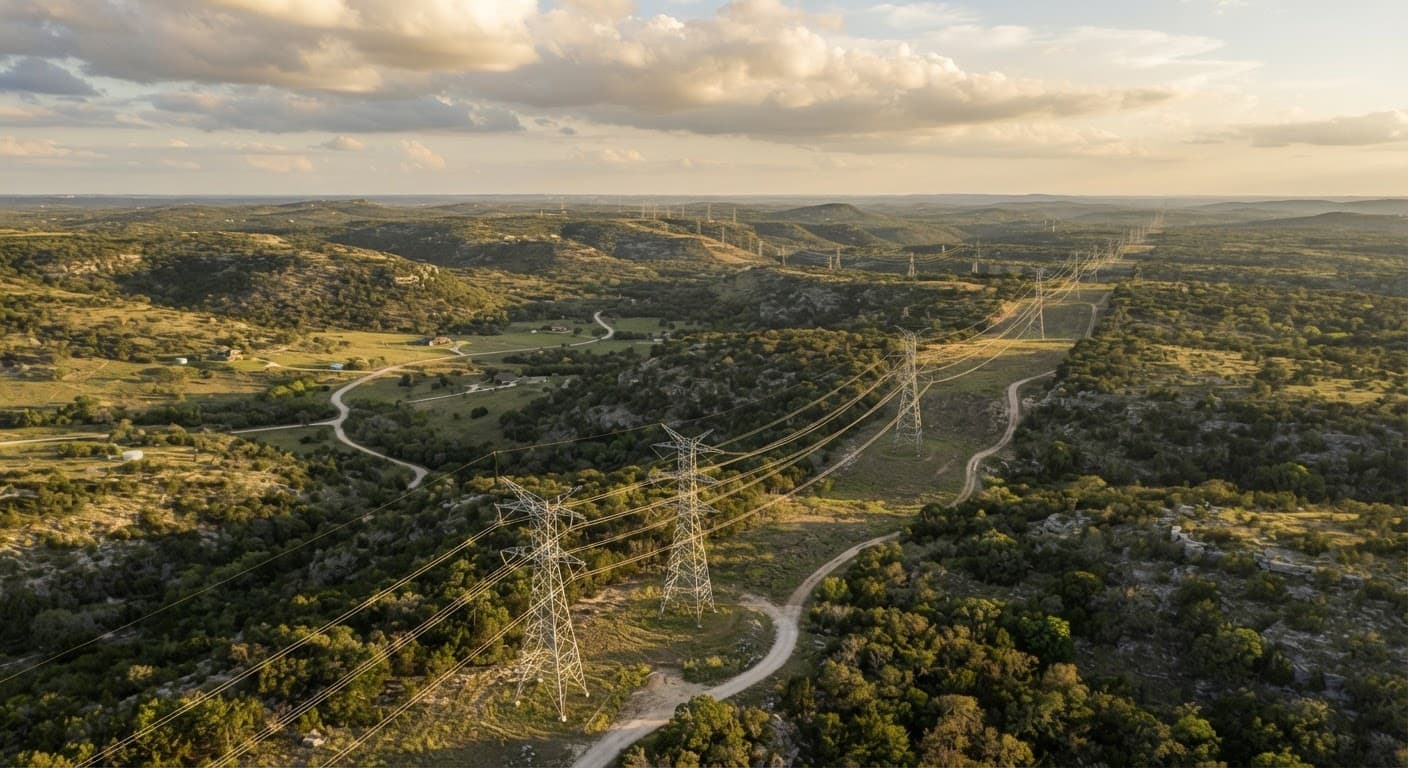 Aerial drone view of transmission lines crossing a rural valley at golden hour