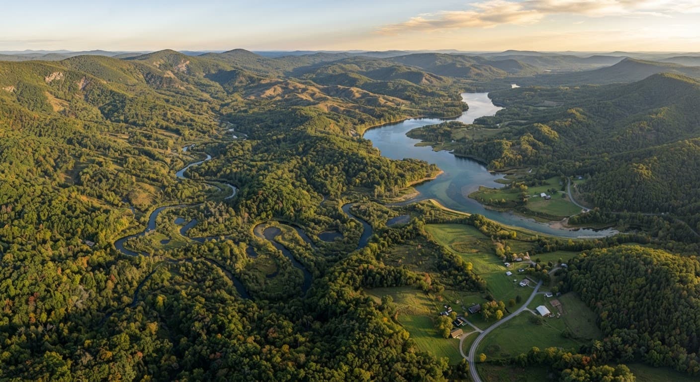 Aerial drone view of a winding river and reservoir through forested hills